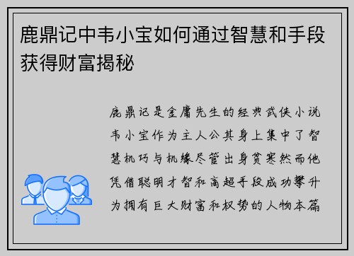 鹿鼎记中韦小宝如何通过智慧和手段获得财富揭秘